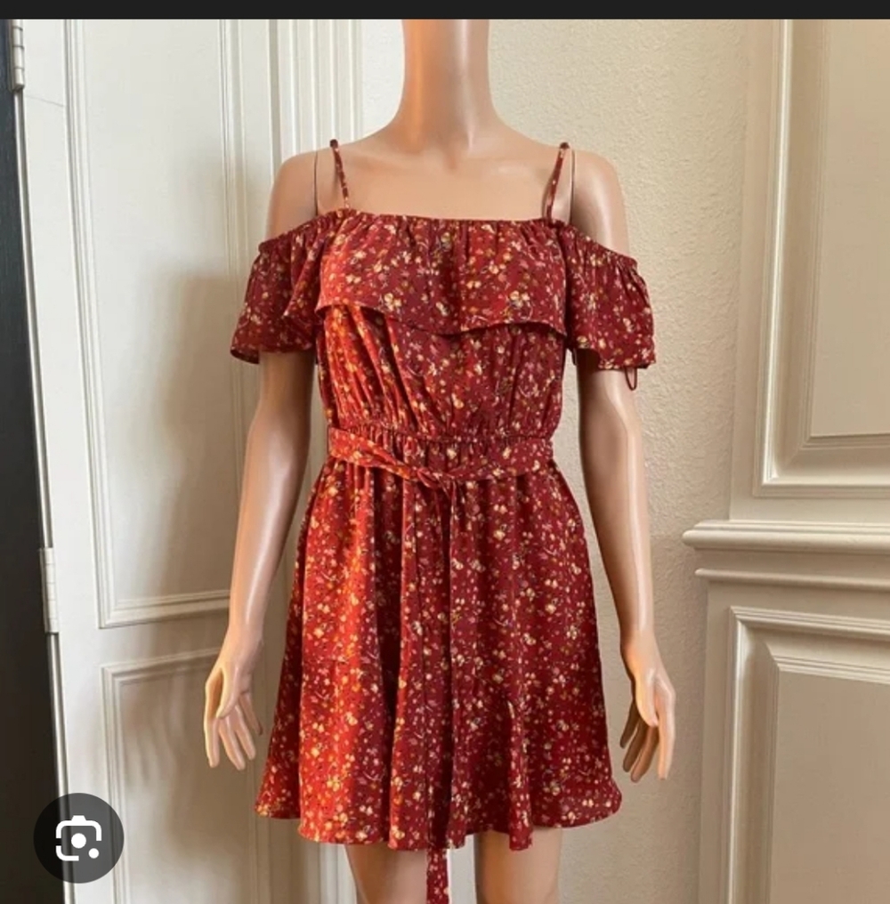 BLUE RAIN Multicolored Red Floral Cold Shoulder Fit And Flare - Size Small